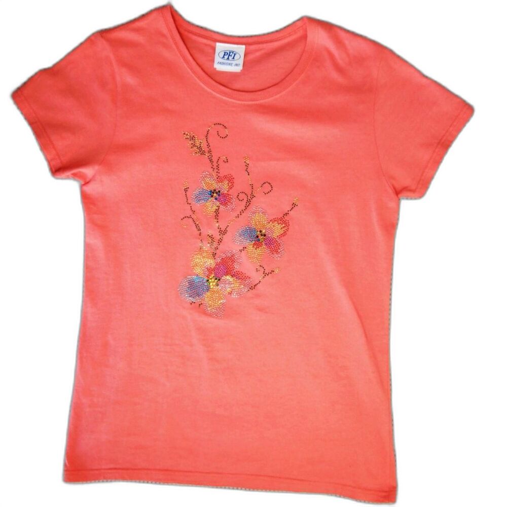PFI Fashions,Inc Peach Coral Floral Sequins 100% Cotton Womens Crewneck Tee Med